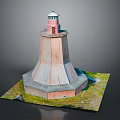 Lighthouse Brick Tower Structure With Red White Light Room And Grass Base