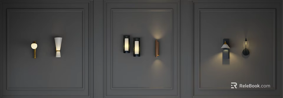 Modern Minimalist Wall Sconces On Gray Decorative Paneled Wall With Warm Glow 3d model 