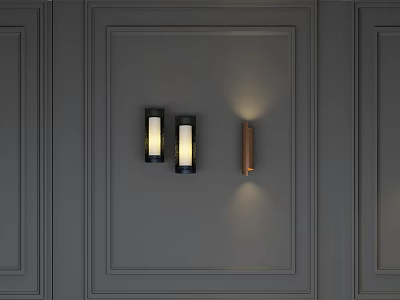 Modern Minimalist Wall Sconces On Gray Decorative Paneled Wall With Warm Glow 3d model