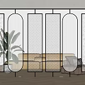 Modern Living Room Divider With Metal Frame And Mixed Glass Panels And Green Plant