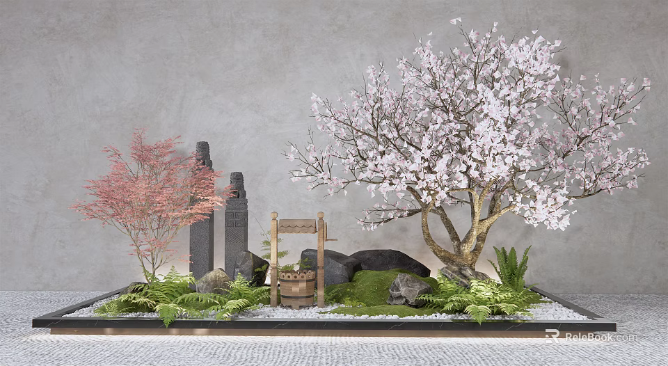 Traditional Courtyard Garden With Pink Cherry Blossom Tree Stone Lanterns Wooden Bucket And Green Plants 3d model 