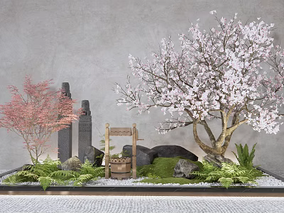 Traditional Courtyard Garden With Pink Cherry Blossom Tree Stone Lanterns Wooden Bucket And Green Plants 3d model