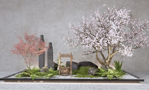 Japanese style landscape sketch courtyard landscape sketch stone cherry tree withered mountain stone plant landscape red maple 3d model