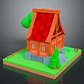 Scenic Small House with Red Roof Orange Walls Green Grass Pine Tree Fence and Platform