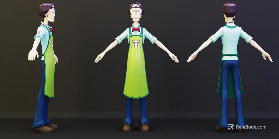 Game and Movie Character 3D Model with Green Apron White Shirt Blue Pants and Glasses 3d model 