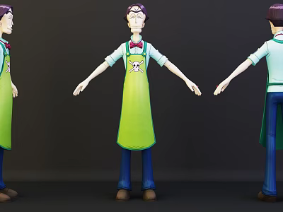 Game and Movie Character 3D Model with Green Apron White Shirt Blue Pants and Glasses 3d model