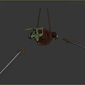Adventurous Game Movie Character Wearing Hat Green Plant On Back Holding Two Swords