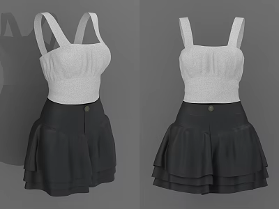Stylish White Knitted Camisole Top With Black Pleated Skirt And Button Detail 3d model