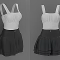 Stylish White Knitted Camisole Top With Black Pleated Skirt And Button Detail