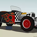 Vintage Black Convertible Car with Flame Design Large Red Rims and White Tires