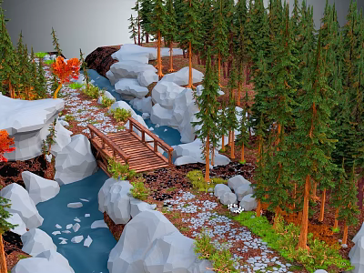 Scenic Bridge Over Small River Surrounded By Lush Trees And Rocks In Natural Landscape 3d model