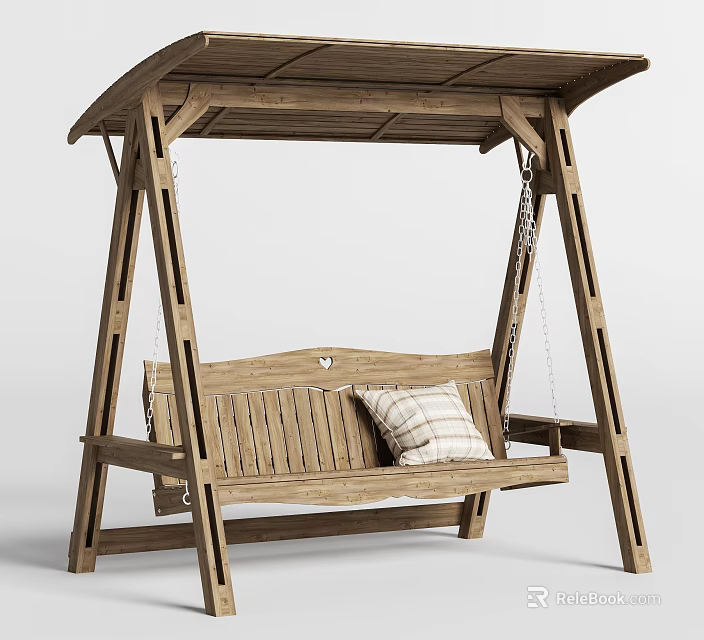 Wooden Outdoor Swing Chair With Canopy And Plaid Cushion For Porch Use 3d model 