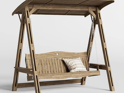 Wooden Outdoor Swing Chair With Canopy And Plaid Cushion For Porch Use 3d model