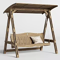 Wooden Outdoor Swing Chair With Canopy And Plaid Cushion For Porch Use