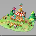 Playful Little Lion In Red White Circus Tent With Colorful Balloons Green Trees And Joyful Scene