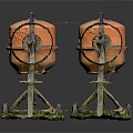 Two Orange Industrial Mixer Equipment With Metal Stands Black Wheels And Green Bases