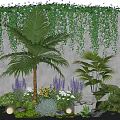 Colorful Flowers and Palm Plants with Stone Wall Wooden Crate and Small Lights