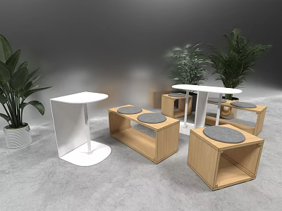 Indoor Dining Table Set With Wooden Benches Gray Cushions White Table And Plants 3d model