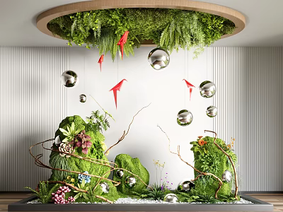 Indoor Landscape Featuring Circular Greenery Canopy Hanging Silver Spheres Red Origami Cranes And Ground Plants 3d model