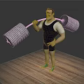 Muscular Cartoon Male Character Lifting Heavy Barbell On Wooden Floor With Gray Background