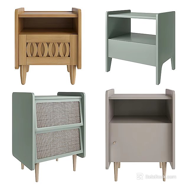 Modern Bedside Tables With Rattan Drawers Light Green And Open Shelf Designs 3d model 