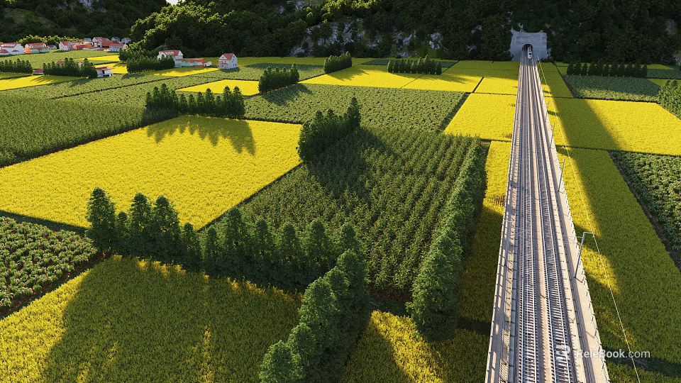 Aerial Planning of Organized Farmland Fields With Trees and Railway Tracks Near Green Hills 3d model 