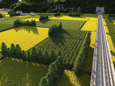 Aerial Planning of Organized Farmland Fields With Trees and Railway Tracks Near Green Hills 3d model