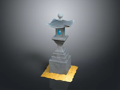 Traditional Stone Lantern Featuring Multi Layer Pedestal And Blue Decoration On Yellow Mat 3d model