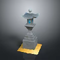 Traditional Stone Lantern Featuring Multi Layer Pedestal And Blue Decoration On Yellow Mat