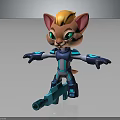 Cute Cat Character With Golden Fur Green Eyes Blue Glowing Armor Holding Weapon