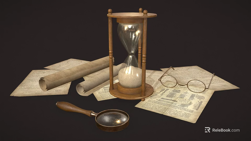 Vintage Decorative Ornament Set with Hourglass Scrolls Old Papers Magnifying Glass and Glasses 3d model 