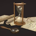 Vintage Decorative Ornament Set with Hourglass Scrolls Old Papers Magnifying Glass and Glasses
