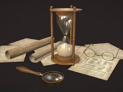 Vintage Decorative Ornament Set with Hourglass Scrolls Old Papers Magnifying Glass and Glasses 3d model