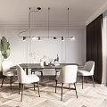 Elegant Modern Restaurant Interior With Round Dining Table White Chairs Pendant Lights And Herringbone Floor