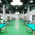 School Science Laboratory With Lab Benches Blue Equipment Yellow Warning Lines And White Walls