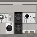 Modern Bathroom Cabinetry With Washing Machine Dryer Marble Countertop Plants And Storage Baskets