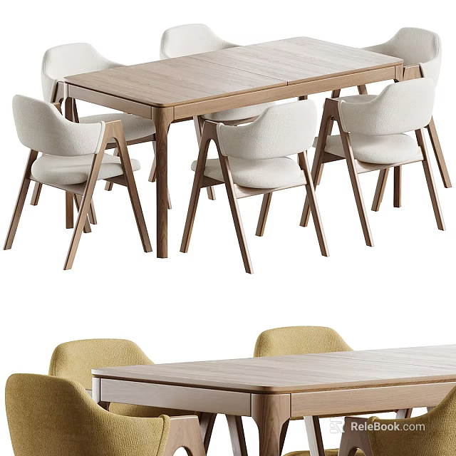 Modern Dining Table Set with Wooden Top and Light Upholstered Chairs 3d model