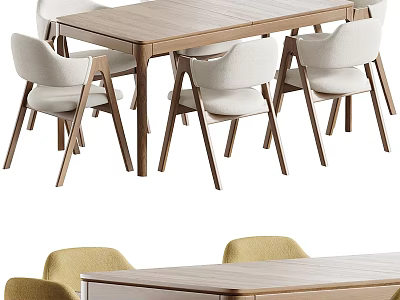 Modern Dining Table Set with Wooden Top and Light Upholstered Chairs 3d model