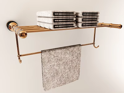 Stylish Bathroom Accessories Golden Towel Rack With Folded Towels And Hanging Towel 3d model