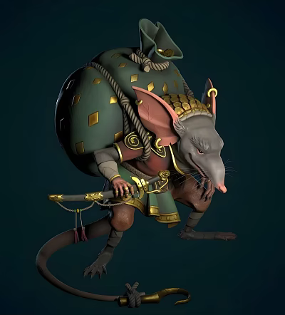 Reptilian Fantasy Character With Large Bag Golden Headpiece And Weapon 3d model