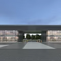 Modern Building Entrance Gate With Glass Curtain Wall Gray Exterior Spacious Area And Green Lawn