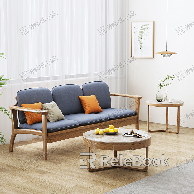 Quiet Three-Person Sofa Solid Wood Fabric Sofa Hanging Paintings Green Plant Ornaments Rock Board Solid Wood Coffee Table model