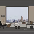 Modern Sofa Coffee Table Set In Living Room With Black Chair Floor Lamp City View