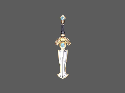 Ornate Silver Sword With Golden Decorative Hilt And Blue Gemstone Accents 3d model