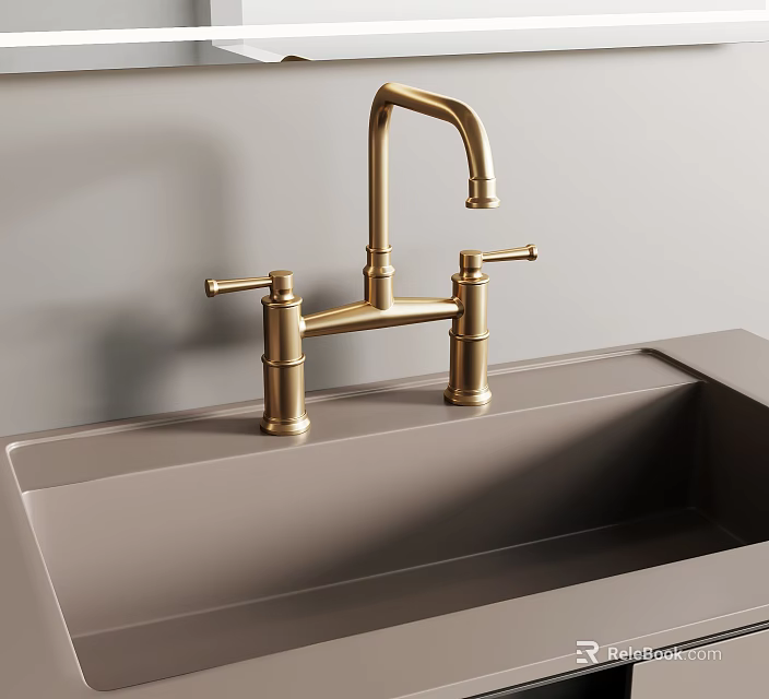 Modern Brass Faucet With Dual Handles On Gray Kitchen Sink 3d model 