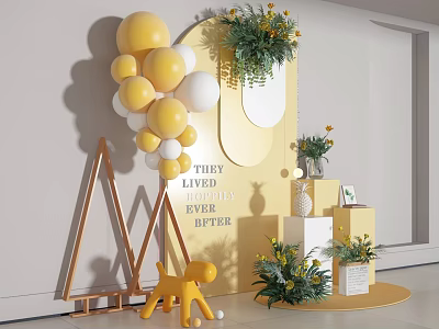 Vibrant Photo Check In Spot With Yellow White Balloons Green Plants And Decorative Props 3d model