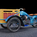 Vintage Blue Motorcycle With Yellow Wooden Sidecar And Brown Seats