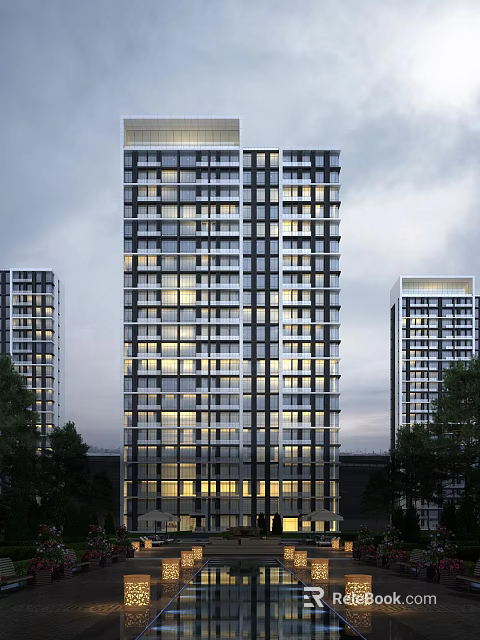 Modern High Rise Residential Building With Glass Windows And Evening Lighting 3d model 
