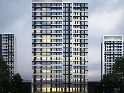 Modern High Rise Residential Building With Glass Windows And Evening Lighting 3d model