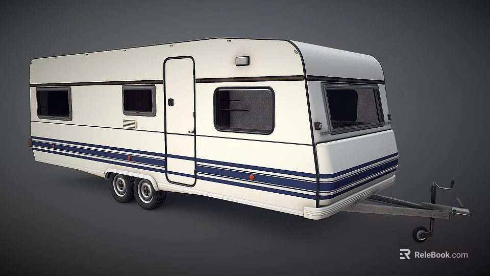 White Towable Caravan With Blue Stripes Multiple Windows And Side Door 3d model 